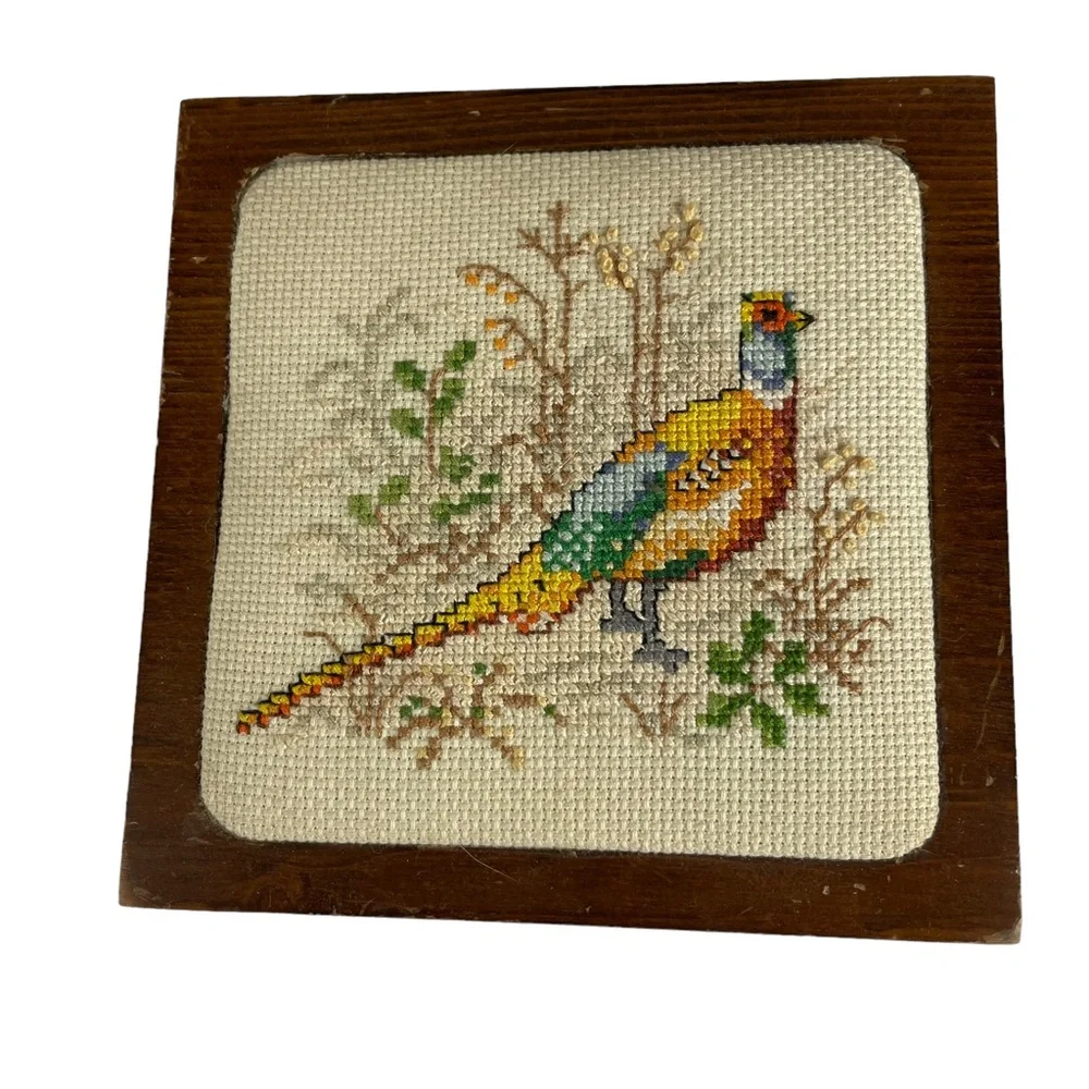 Vintage Needlepoint Pheasant Square Wooden Flip-top Treasure Keepsake Hinged Box